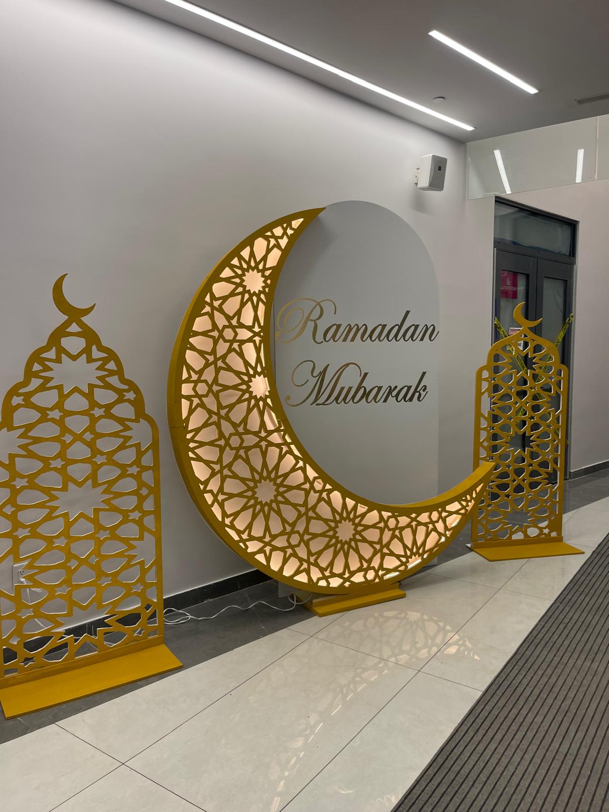 Illuminated Ramadan crescent moon sign — custom event signage by Pixel N Sound Events